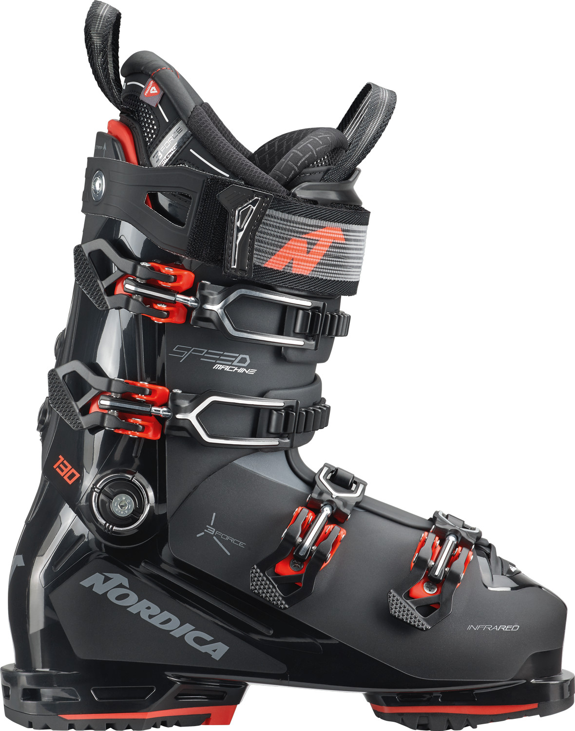 Schwarzer Nordica Speedmachine 3 130 Skischuh mit roten Schnallen und GripWalk-Sohle.